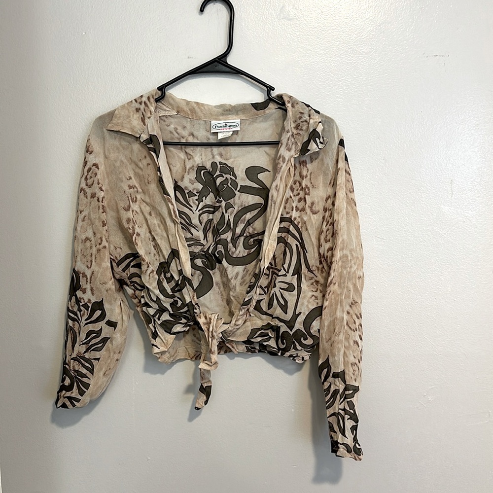 Vintage 90s / y2k cheetah sheer tie front crop top